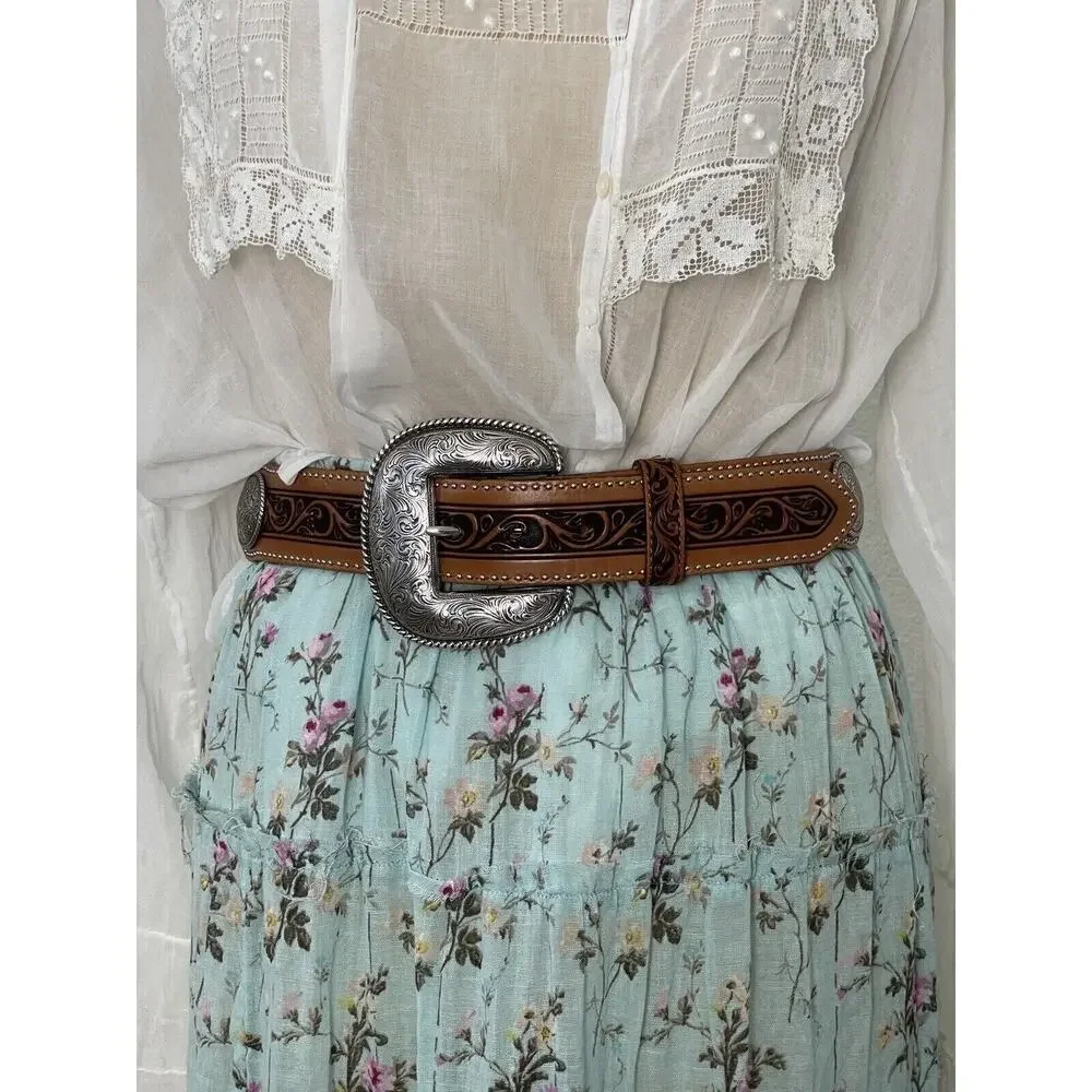 Justin Women's Belt Western Leather Vintage Unisex Sz  28-30 TAN Brown Tooled